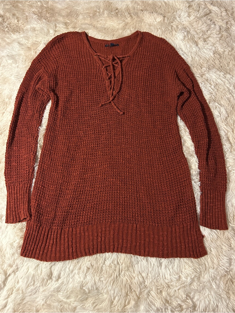 American Eagle Outfitters Rust Lace-Up V‑Neck Sweater